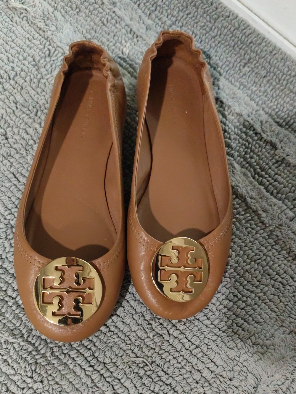 Tory Burch Brown Leather Ballet Flats with Gold Logo